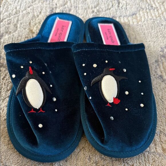 Kate Spade Jolie Teal Penguin Embroidered with blings Slippers/mule/clog 9B NWOT - Picture 4 of 9